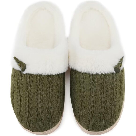 Women's Green Scuff Faux Fur Lining Memory Warm Foam Plush Slippers Shoes - Picture 1 of 8